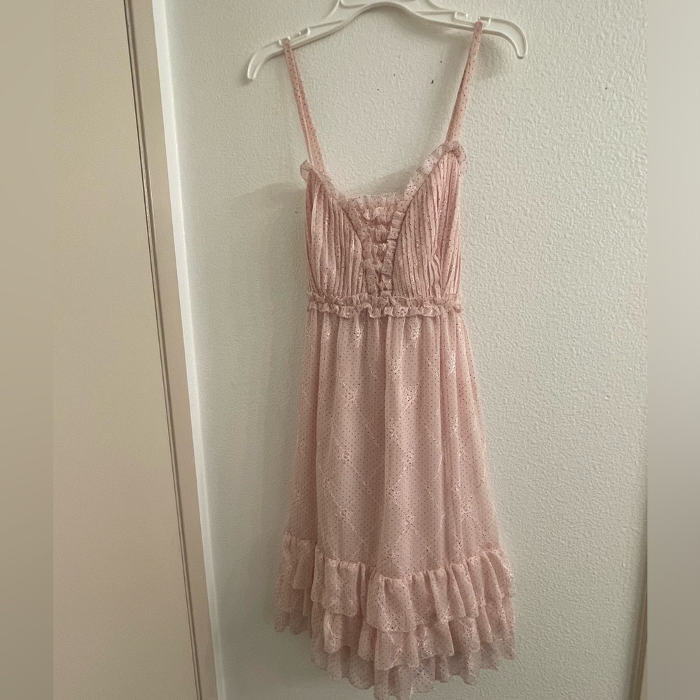 Vintage NC women’s, large, pink and black polka dot, frills and fun sundress!